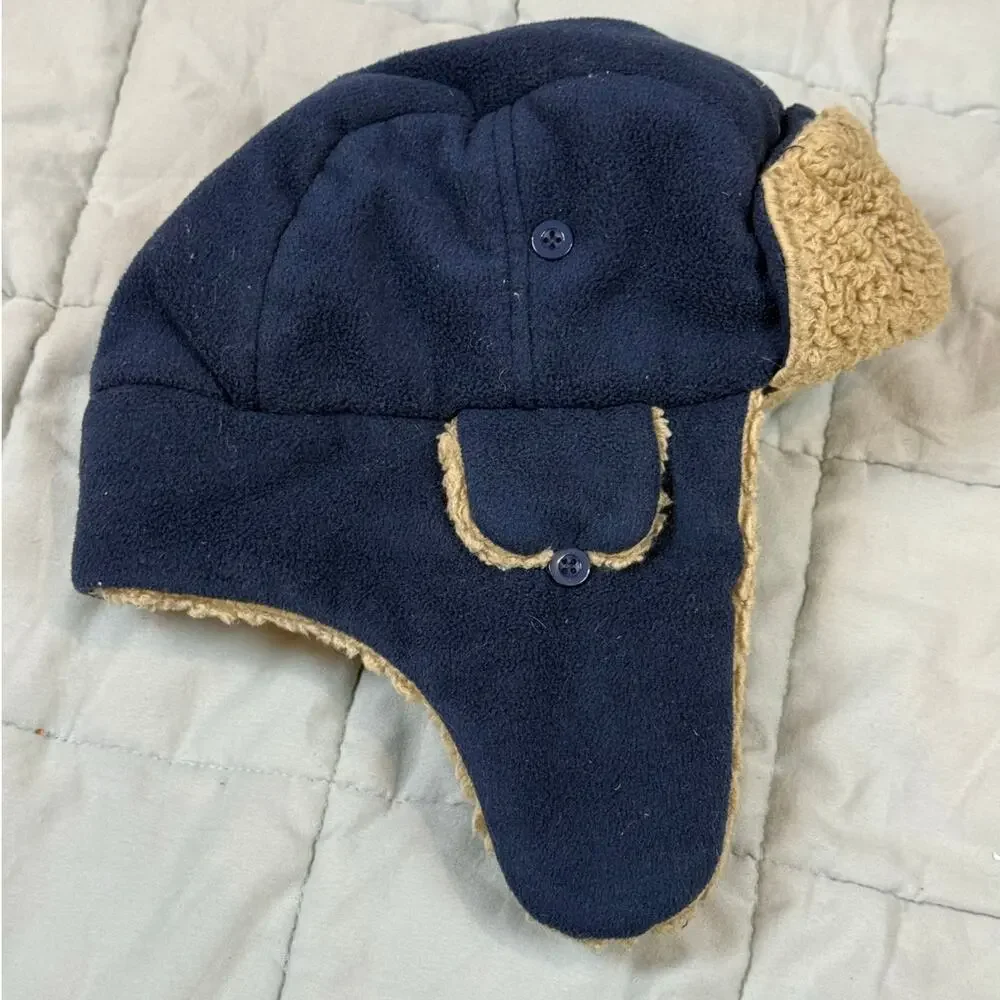 Gap Kids Navy Blue Tan Trapper Hat Fleece Sherpa Plush LIning Ear Flaps Hat